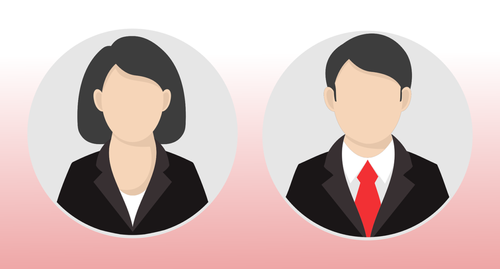 Desenho de um homem e uma mulher vestidos como executivos