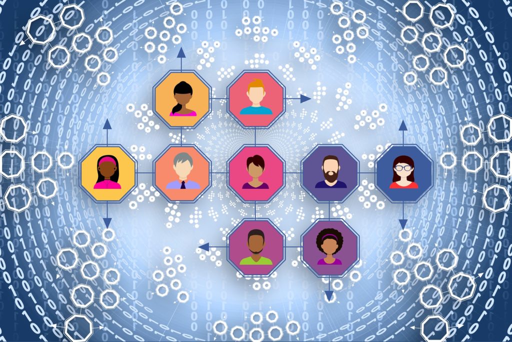 Desenho representando várias pessoas formando uma rede de contatos